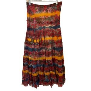 Solitaire Sz S Boho Tiered Cotton Gauze Batik Floral Maxi Skirt Festival Hippie
